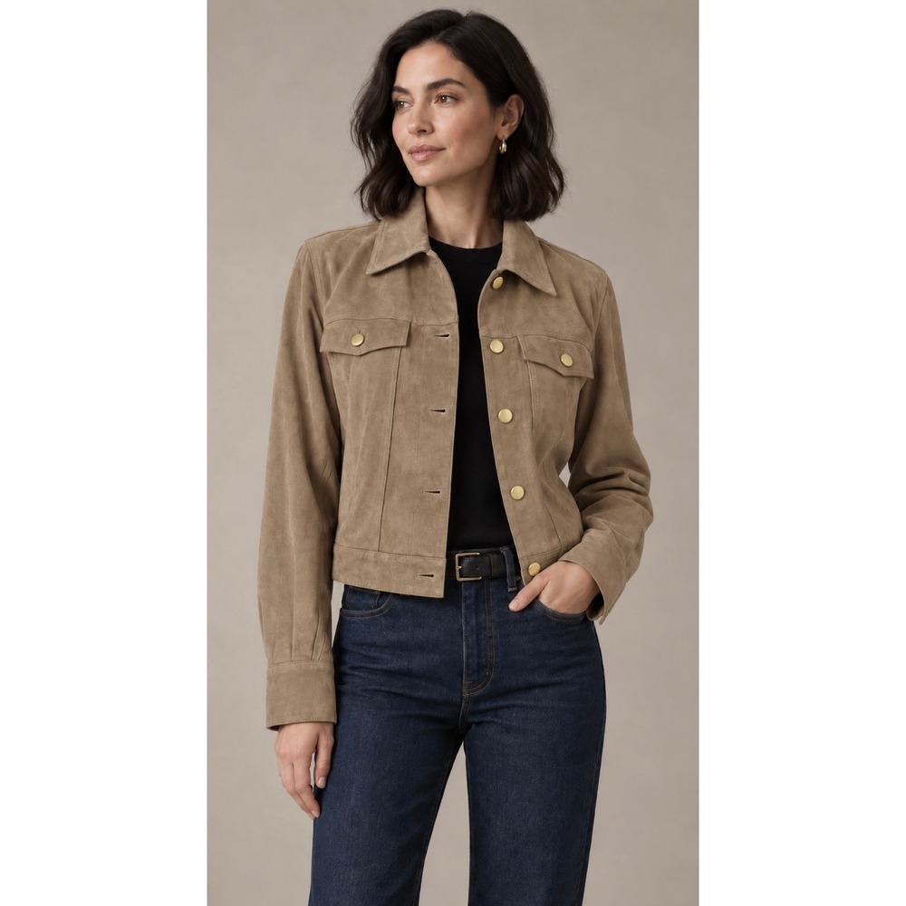 FRAME Taupe Brown Genuine Suede Leather Trucker Jacket Size S/P